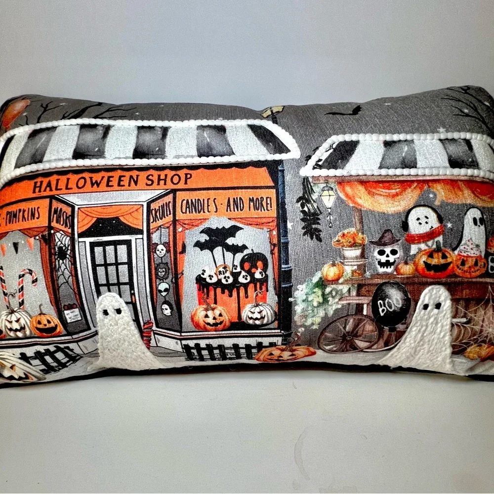 Halloween Sweet Shop Textured Throw Pillow Ghosts Candy Cake Pumpkins Party